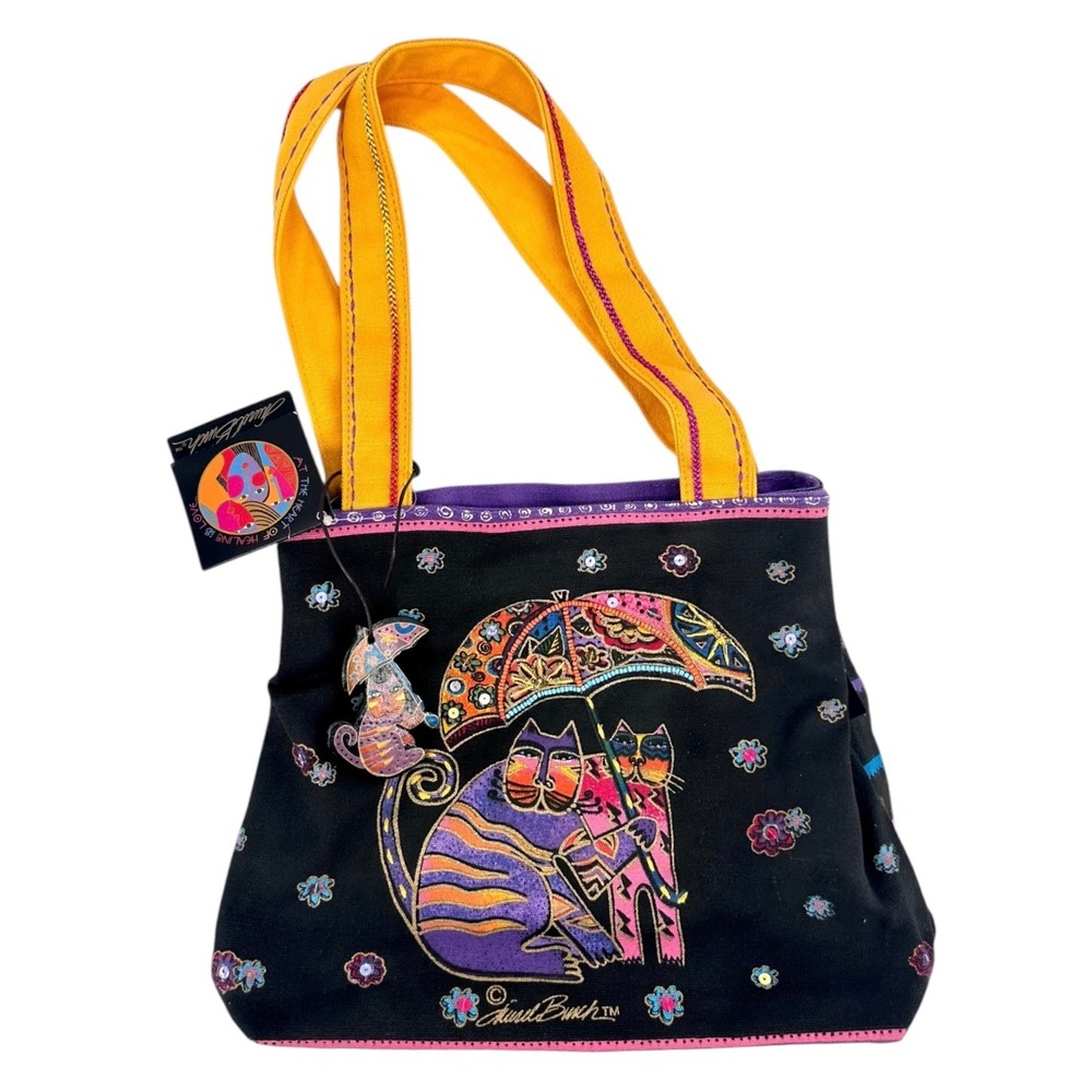 Vintage Laurel Burch Cats Tote Bag Black Sequin Canvas Tote Purse